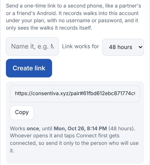 Creating a one-time link for a second Android phone, valid for 48 hours