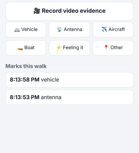 One-tap mark buttons for vehicle, antenna, aircraft, boat, feeling it and other, with the marks list