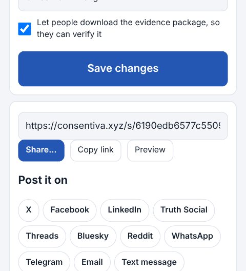 The Share screen with one-tap buttons for X, Facebook, LinkedIn, Truth Social, Threads, Bluesky, Reddit, WhatsApp, Telegram, email and text