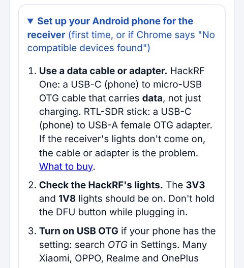 Receiver set-up steps for an Android phone