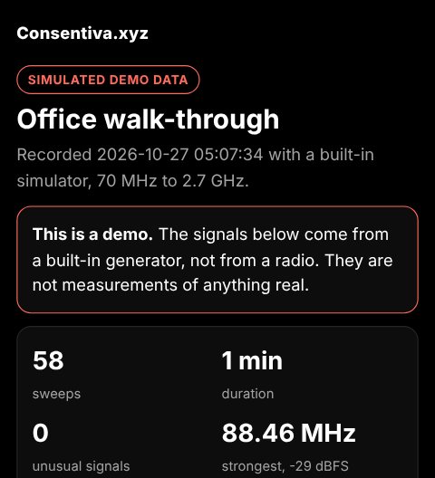 A shared walk page: real-measurements badge, the walk title, sweeps, duration and the strongest signal