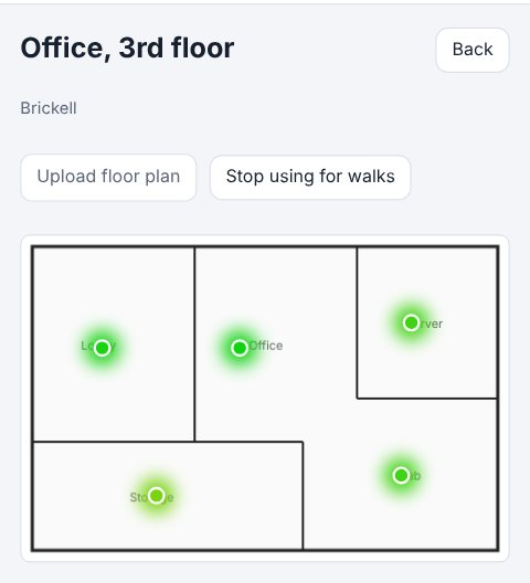 A survey: a floor plan with a heat-map dot at each place the surveyor stood, and the room names