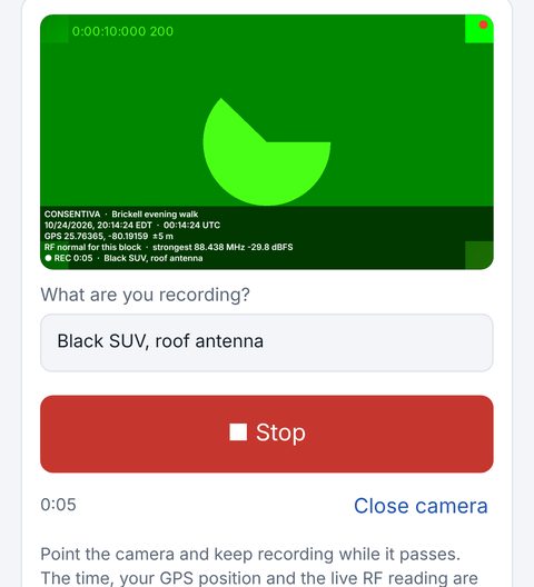 Recording video evidence: time, GPS position and the live RF reading burned into the picture