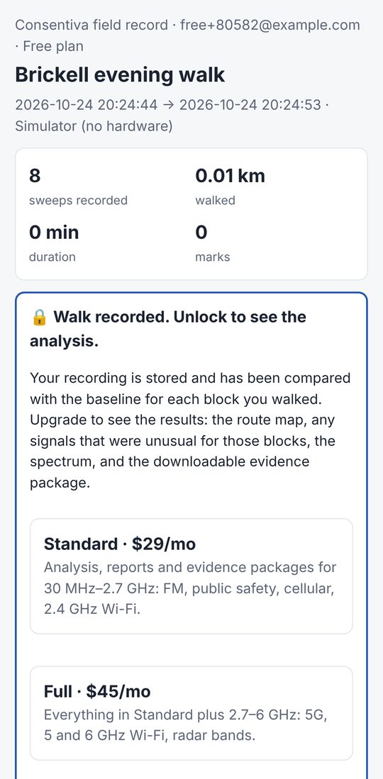 Consentiva Free plan: walk recorded, analysis locked