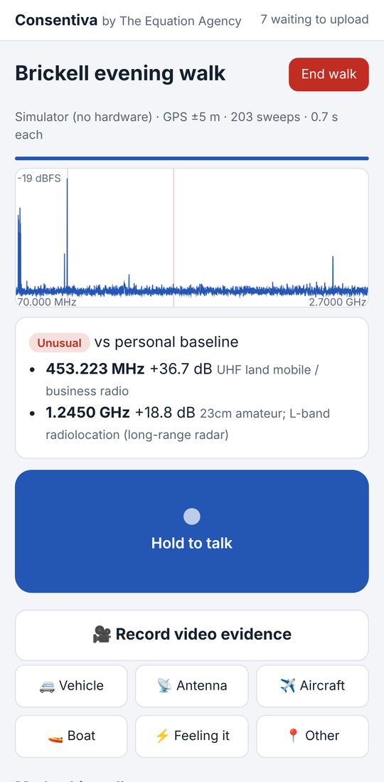 Consentiva on a phone during a walk, showing an unusual signal at 453 MHz